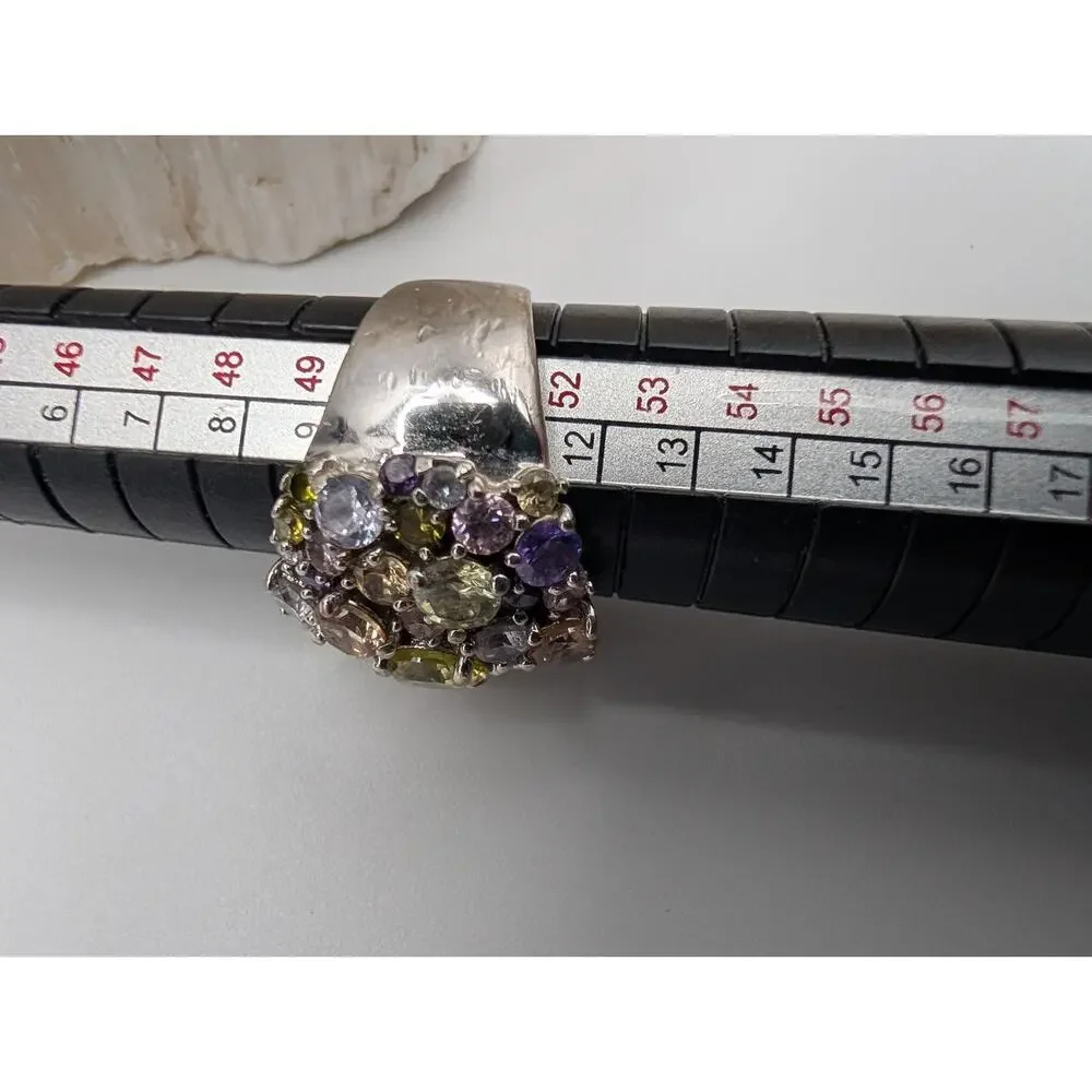 Fashion Cocktail Ring Multi-Color Gemstone Cluster Wide Band Silver Tone Size 7